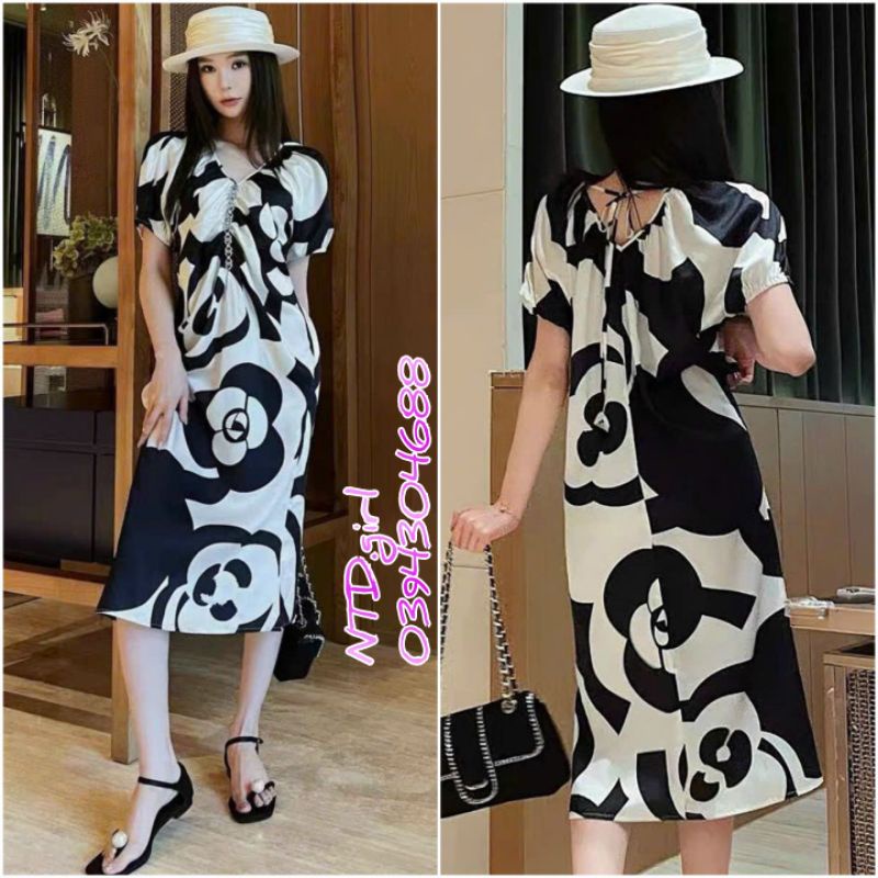 Hàng nhập - Đầm dáng suông tay ngắn cổ V nhíu thun, váy xuông xô lụa mát lạnh họa tiết trắng đen