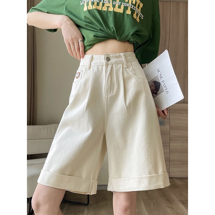 Jiashucheng Quần Short Denim Màu Trắng Năm Tấc Lưng Cao Cỡ Lớn Thời Trang Mùa Hè 2023 Mới Cho Nữ