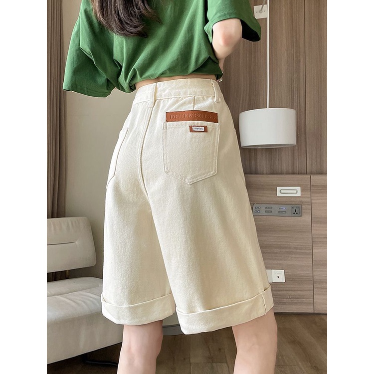 Jiashucheng Quần Short Denim Màu Trắng Năm Tấc Lưng Cao Cỡ Lớn Thời Trang Mùa Hè 2023 Mới Cho Nữ