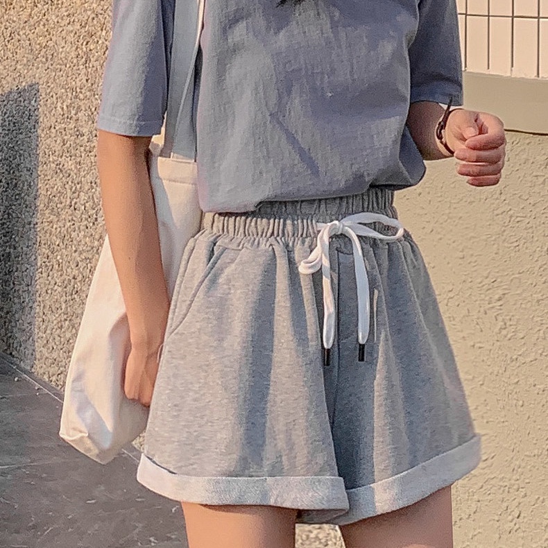 Jiashucheng Quần Short Lưng Cao Dáng Rộng Màu Xám Đen Thời Trang Mùa Hè Xinh Xắn Cho Nữ