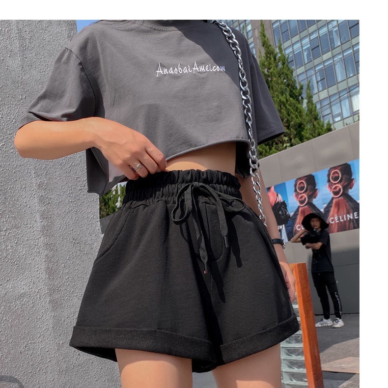 Jiashucheng Quần Short Lưng Cao Dáng Rộng Màu Xám Đen Thời Trang Mùa Hè Xinh Xắn Cho Nữ