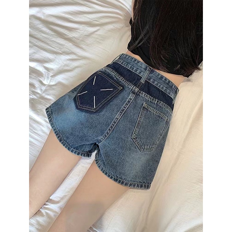 Jiashucheng Quần Short Denim Chữ A Lưng Cao Ống Rộng Màu Tương Phản Thời Trang Mùa Hè 2023 Mới Cho Nữ