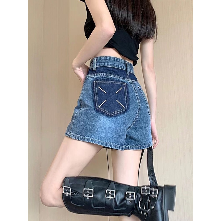 Jiashucheng Quần Short Denim Chữ A Lưng Cao Ống Rộng Màu Tương Phản Thời Trang Mùa Hè 2023 Mới Cho Nữ