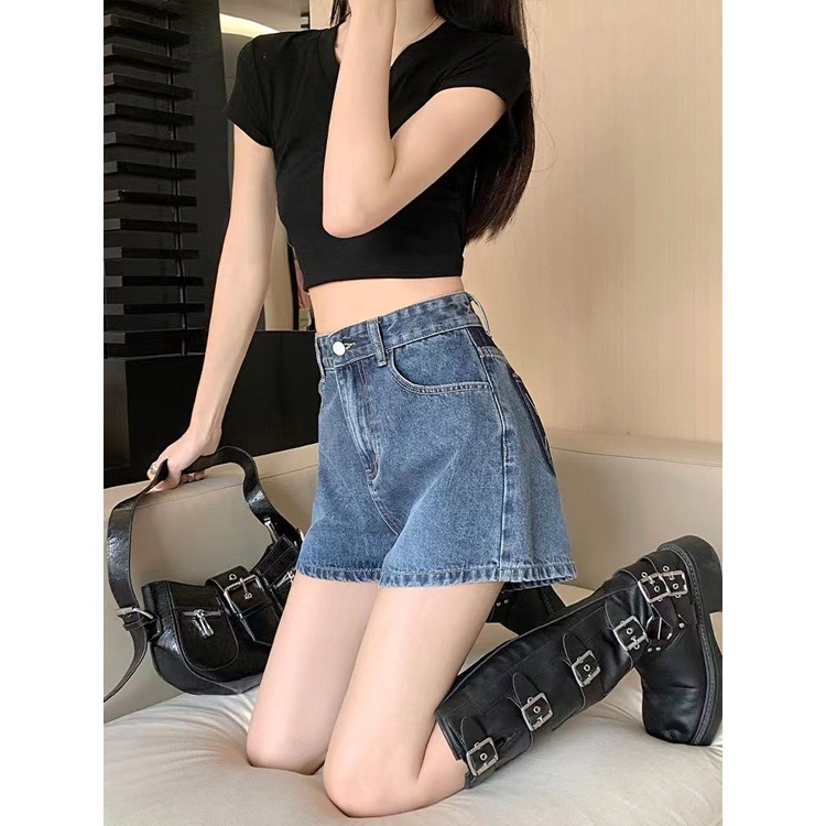 Jiashucheng Quần Short Denim Chữ A Lưng Cao Ống Rộng Màu Tương Phản Thời Trang Mùa Hè 2023 Mới Cho Nữ