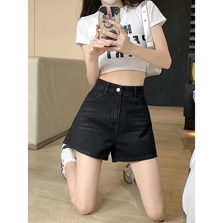Jiashucheng Quần Short Denim Chữ A Lưng Cao Ống Rộng Màu Tương Phản Thời Trang Mùa Hè 2023 Mới Cho Nữ