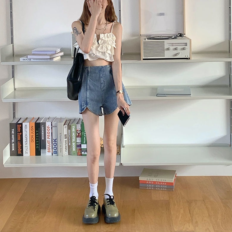 Jiashucheng Influencer Quần Short Denim Dáng Chữ a Lưng Cao Dáng Rộng Phong Cách Hàn Quốc Thời Trang Mùa Hè Dễ Phối Đồ Cho Nữ