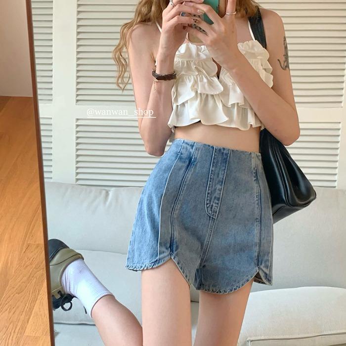 Jiashucheng Influencer Quần Short Denim Dáng Chữ a Lưng Cao Dáng Rộng Phong Cách Hàn Quốc Thời Trang Mùa Hè Dễ Phối Đồ Cho Nữ