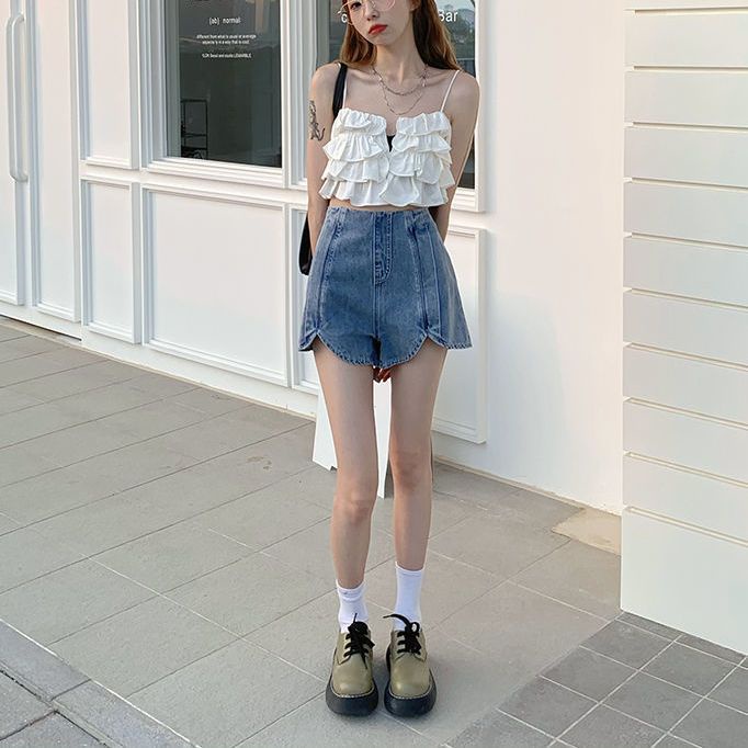 Jiashucheng Influencer Quần Short Denim Dáng Chữ a Lưng Cao Dáng Rộng Phong Cách Hàn Quốc Thời Trang Mùa Hè Dễ Phối Đồ Cho Nữ
