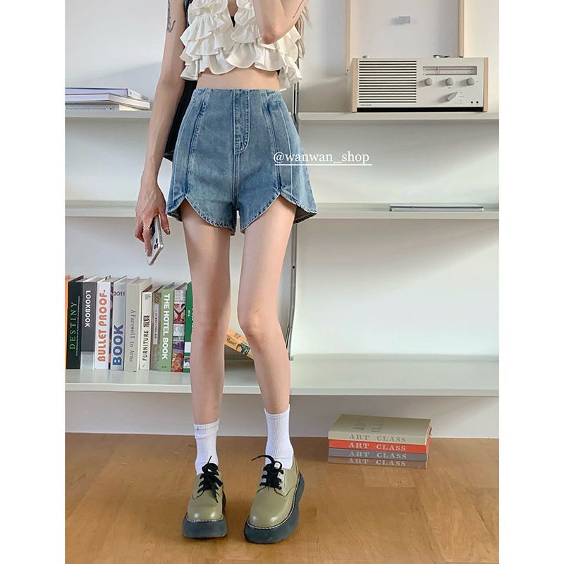 Jiashucheng Influencer Quần Short Denim Dáng Chữ a Lưng Cao Dáng Rộng Phong Cách Hàn Quốc Thời Trang Mùa Hè Dễ Phối Đồ Cho Nữ