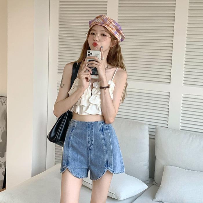 Jiashucheng Influencer Quần Short Denim Dáng Chữ a Lưng Cao Dáng Rộng Phong Cách Hàn Quốc Thời Trang Mùa Hè Dễ Phối Đồ Cho Nữ