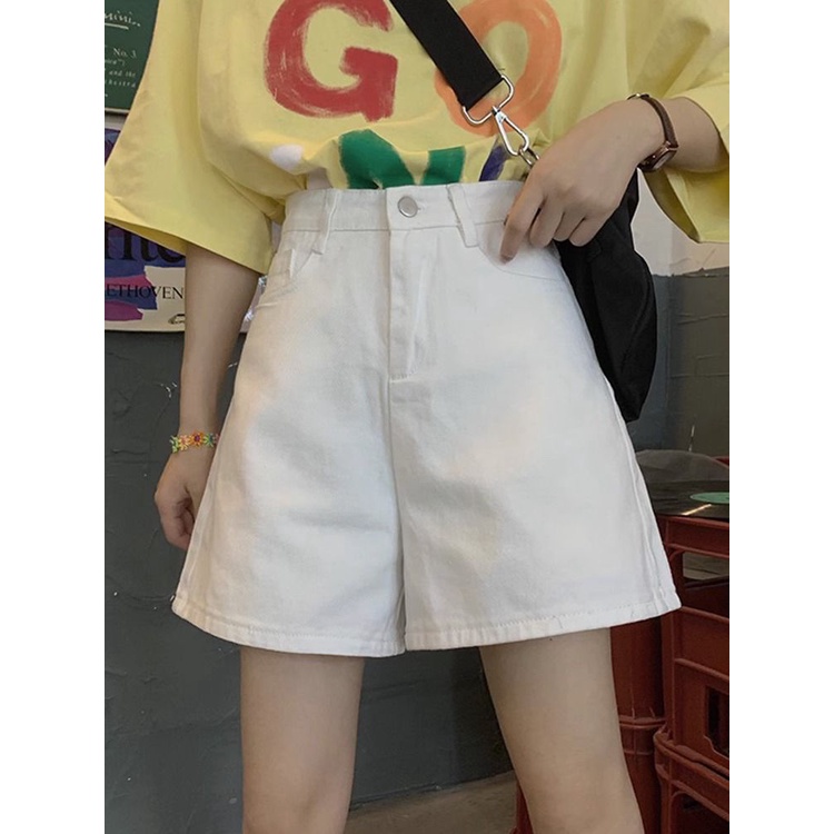 Jiashucheng Quần Short Denim Màu Trắng Ống Rộng Lưng Cao Phong Cách Hàn Quốc Thời Trang Mùa Hè Cho Nữ