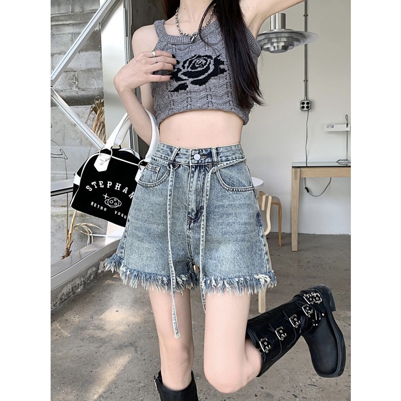 Jiashucheng Quần Short Denim Ống Rộng Lưng Cao Thắt Dây Phong Cách Mới Mùa Hè 2023