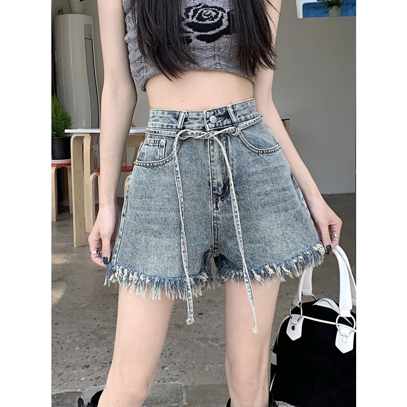 Jiashucheng Quần Short Denim Ống Rộng Lưng Cao Thắt Dây Phong Cách Mới Mùa Hè 2023