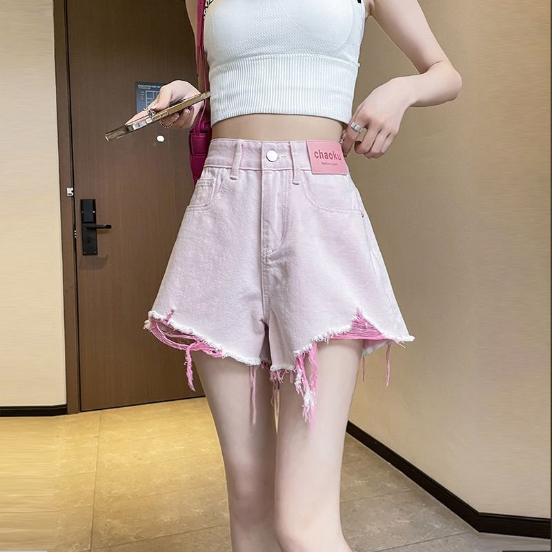 Jiashucheng Quần Short Denim Mỏng Dáng Chữ a Lưng Cao Phối Rách Màu Hồng Thời Trang Mùa Hè 2023 Mới Cho Nữ