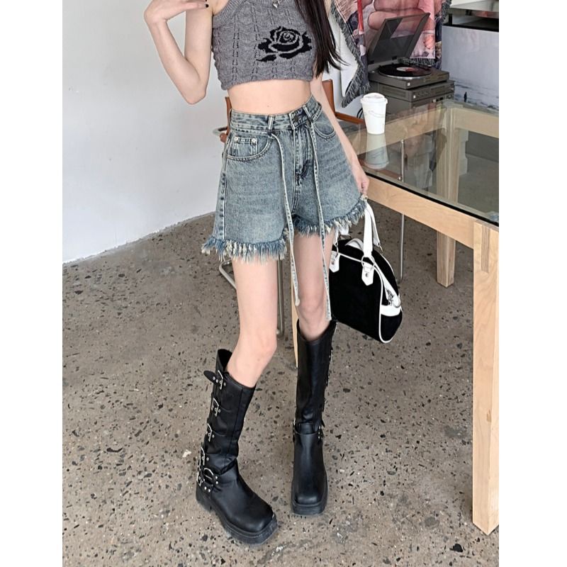 Jiashucheng Quần Short Denim Ống Rộng Lưng Cao Thắt Dây Phong Cách Mới Mùa Hè 2023