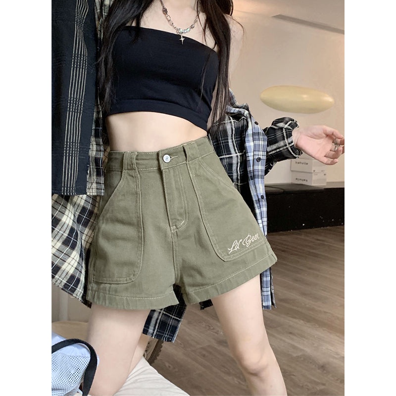 Jiashucheng Quần Short Denim Chữ a Lưng Cao Phong Cách Retro Mỹ Thời Trang Mùa Hè Hàng Mới Dành Cho Bạn Nữ