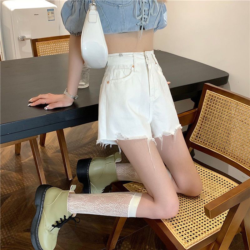 Jiashucheng Quần Short Denim Sờn Trắng Dáng Rộng Eo Cao Phong Cách Mới Mùa Hè Dễ Phối Đồ Cho Nữ