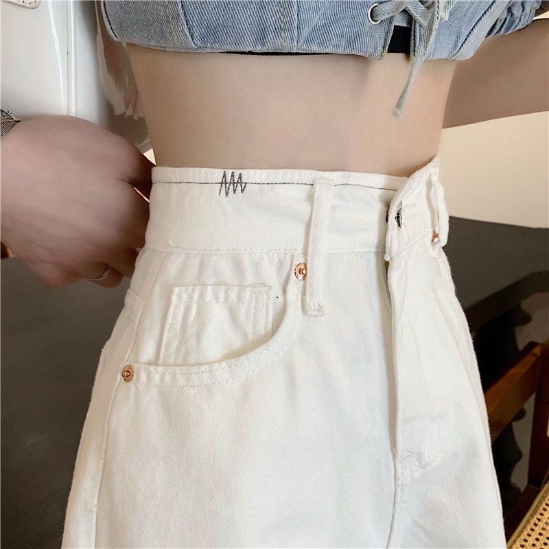 Jiashucheng Quần Short Denim Sờn Trắng Dáng Rộng Eo Cao Phong Cách Mới Mùa Hè Dễ Phối Đồ Cho Nữ