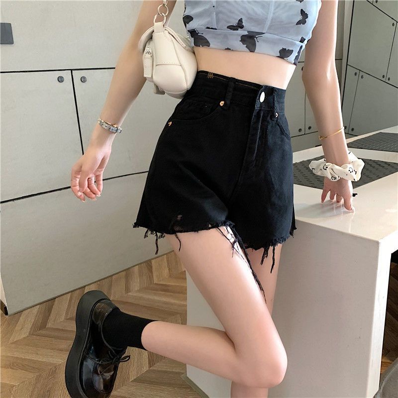 Jiashucheng Quần Short Denim Sờn Trắng Dáng Rộng Eo Cao Phong Cách Mới Mùa Hè Dễ Phối Đồ Cho Nữ