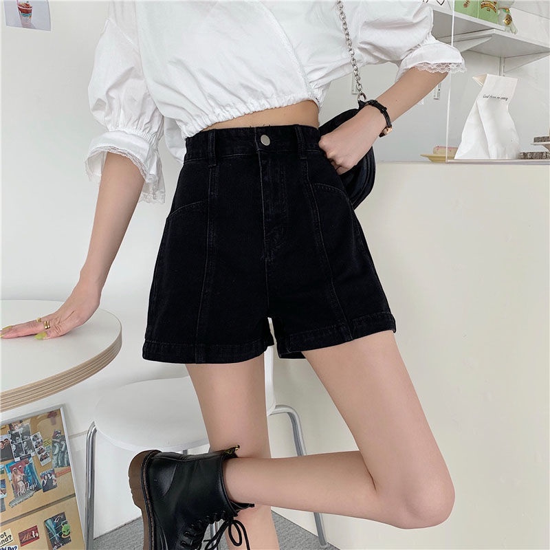 Jiashucheng Quần Short Denim Màu Đen Lưng Cao Dáng Chữ a Thời Trang Mùa Hè Cho Nữ
