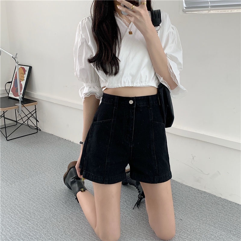 Jiashucheng Quần Short Denim Màu Đen Lưng Cao Dáng Chữ a Thời Trang Mùa Hè Cho Nữ