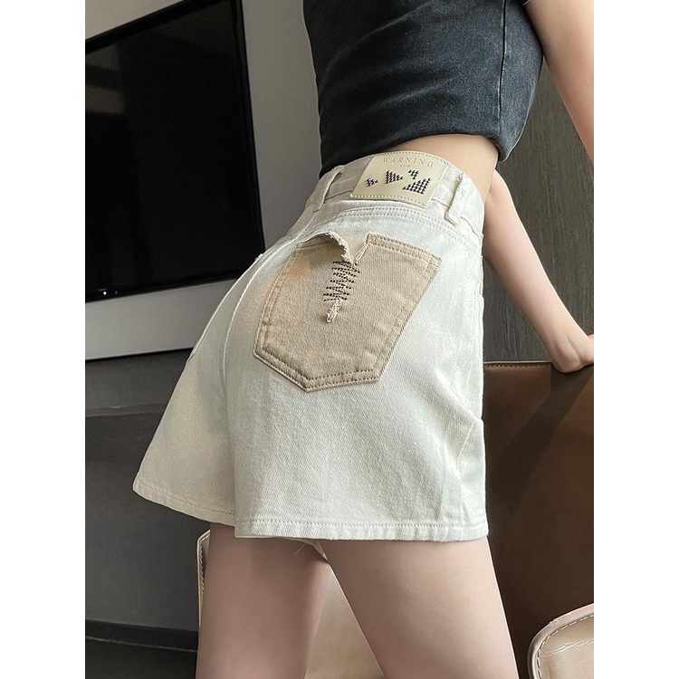 Jiashucheng Quần Short Denim Chữ a Lưng Cao Dáng Rộng Màu Sắc Tương Phản Thời Trang Mùa Hè 2023 Cho Nữ