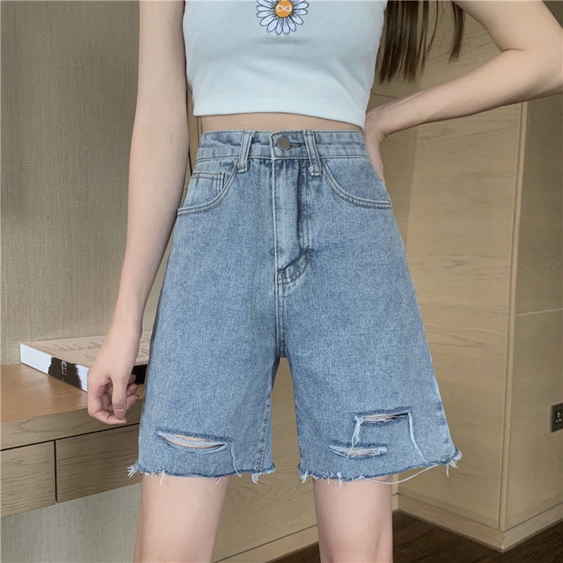 Jiashucheng Quần Short Denim Lưng Cao Ống Rộng Phối Rách Thời Trang Mùa Hè Cho Nữ