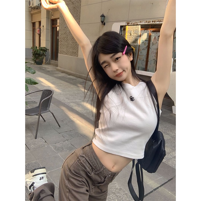 Jiashucheng Áo Hai Dây Ngắn Lưng Thêu Họa Tiết Phong Cách Ngọt Ngào Mùa Hè Cho Nữ