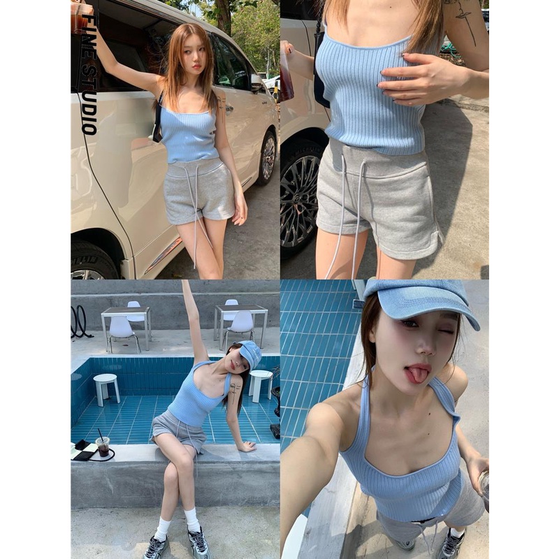 Fine STUDIO Áo Hai Dây Dệt Kim Ôm Dáng Hở Lưng Màu Hồng Mùa Hè Cho Nữ