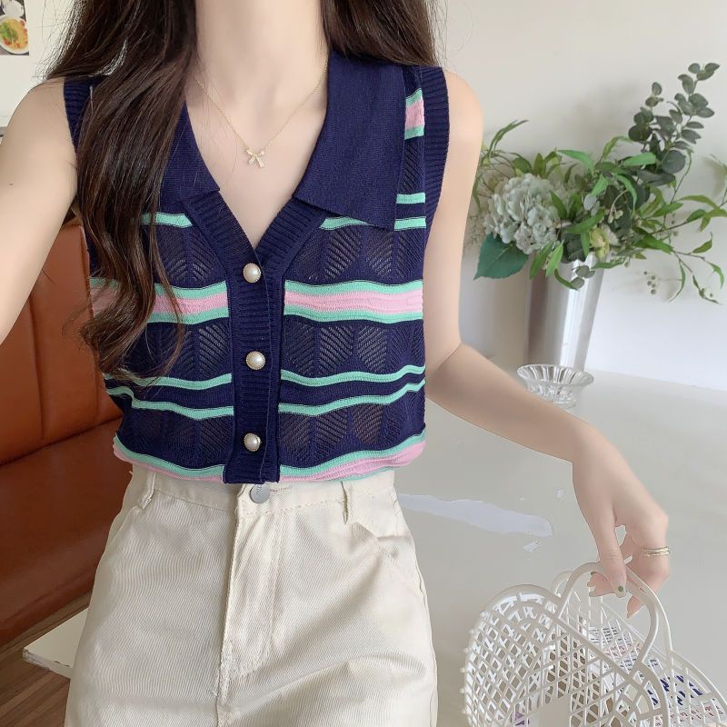 Jiashucheng Áo Hai Dây Dệt Kim Cổ Chữ V Họa Tiết Kẻ Sọc Thời Trang Mùa Hè Cho Nữ