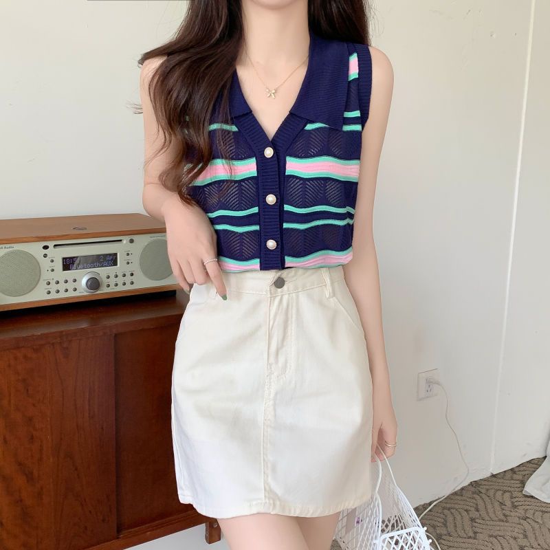 Jiashucheng Áo Hai Dây Dệt Kim Cổ Chữ V Họa Tiết Kẻ Sọc Thời Trang Mùa Hè Cho Nữ