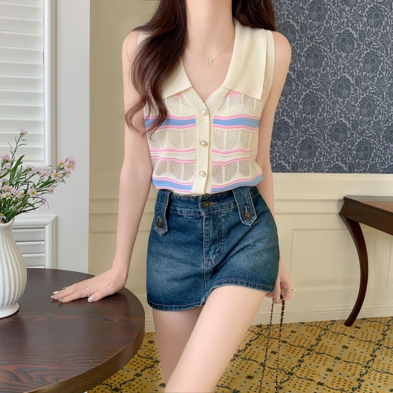 Jiashucheng Áo Hai Dây Dệt Kim Cổ Chữ V Họa Tiết Kẻ Sọc Thời Trang Mùa Hè Cho Nữ