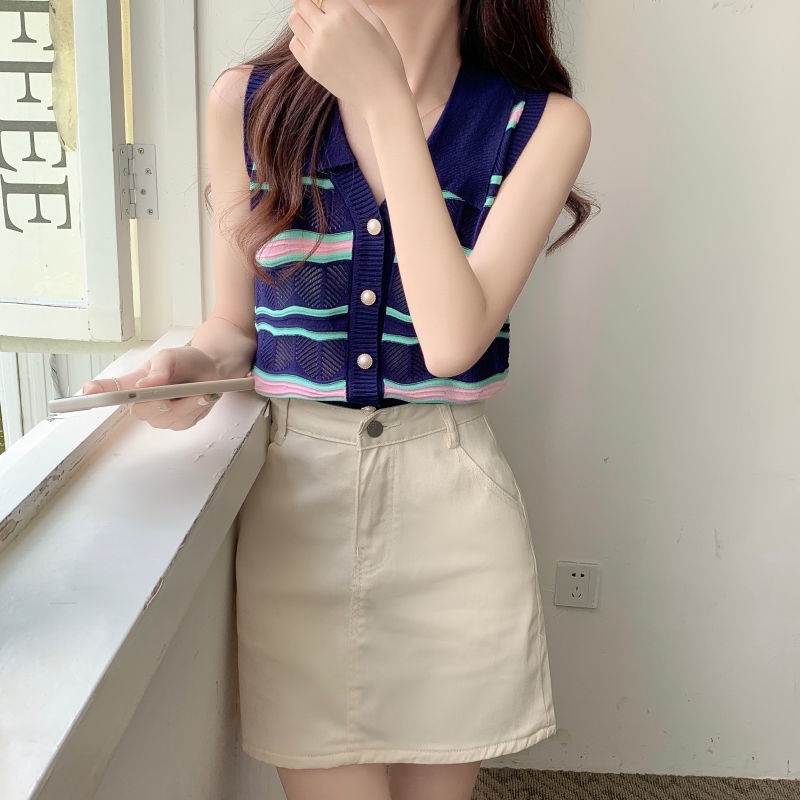 Jiashucheng Áo Hai Dây Dệt Kim Cổ Chữ V Họa Tiết Kẻ Sọc Thời Trang Mùa Hè Cho Nữ