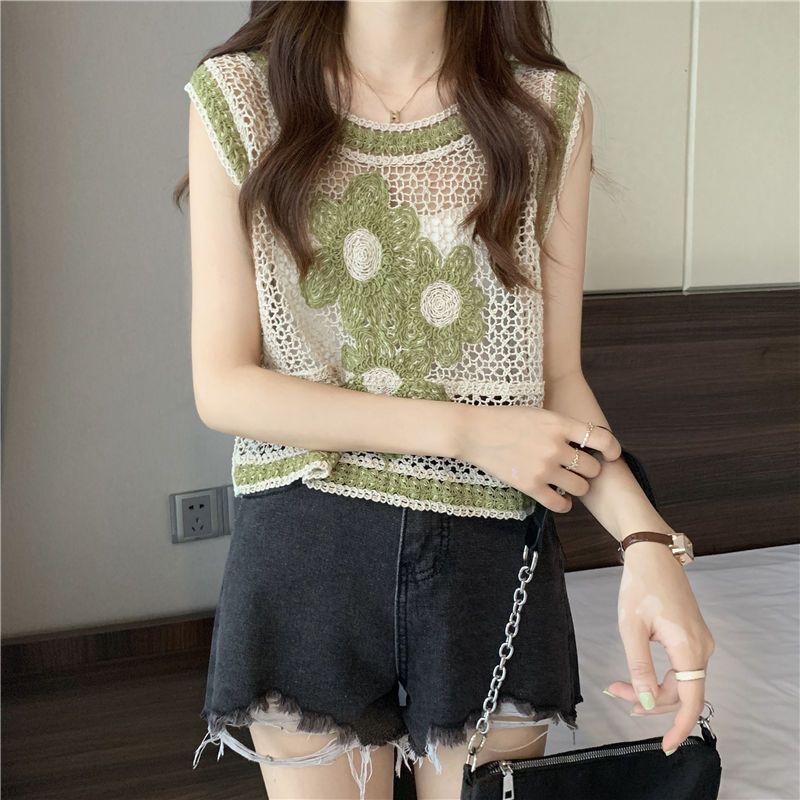 Jiashucheng Áo Không Tay Thêu Hoa Rỗng Hai Lớp Màu Sắc Tương Phản Phong Cách Retro Đường Phố Nhật Bản Mùa Thu Mới Dành Cho