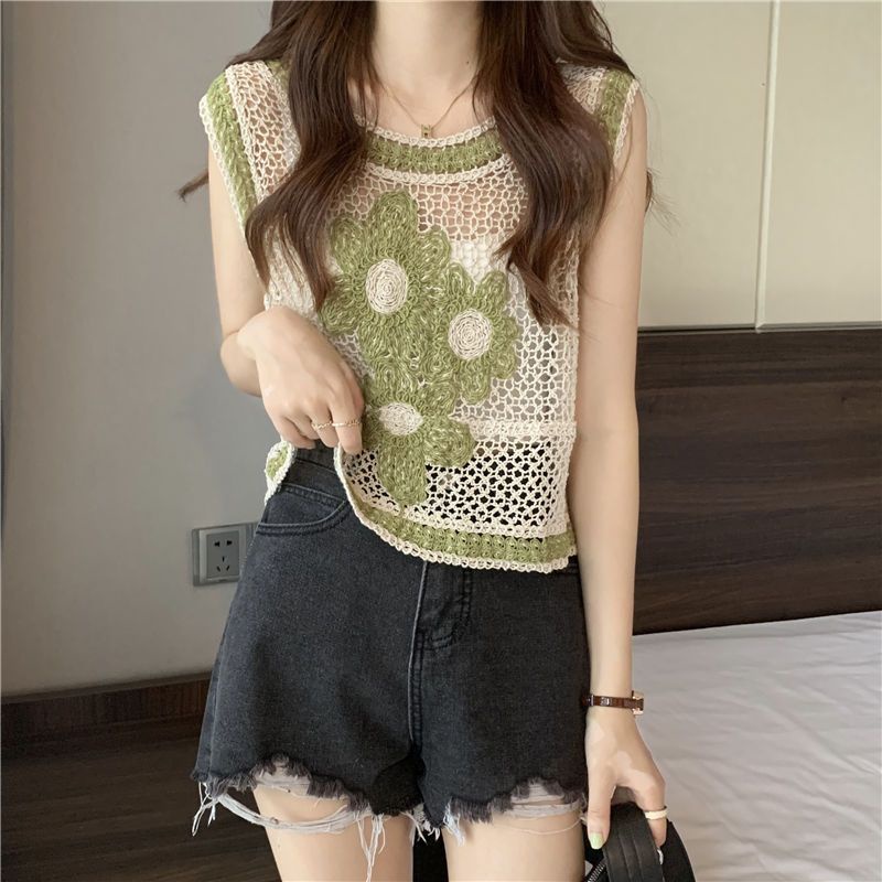 Jiashucheng Áo Không Tay Thêu Hoa Rỗng Hai Lớp Màu Sắc Tương Phản Phong Cách Retro Đường Phố Nhật Bản Mùa Thu Mới Dành Cho