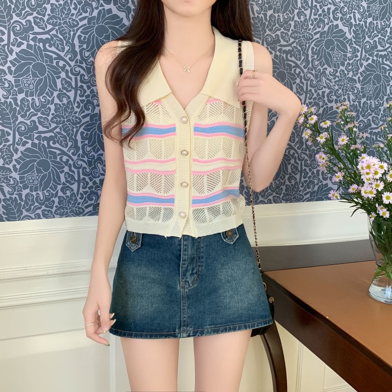 Jiashucheng Áo Hai Dây Dệt Kim Cổ Chữ V Họa Tiết Kẻ Sọc Thời Trang Mùa Hè Cho Nữ