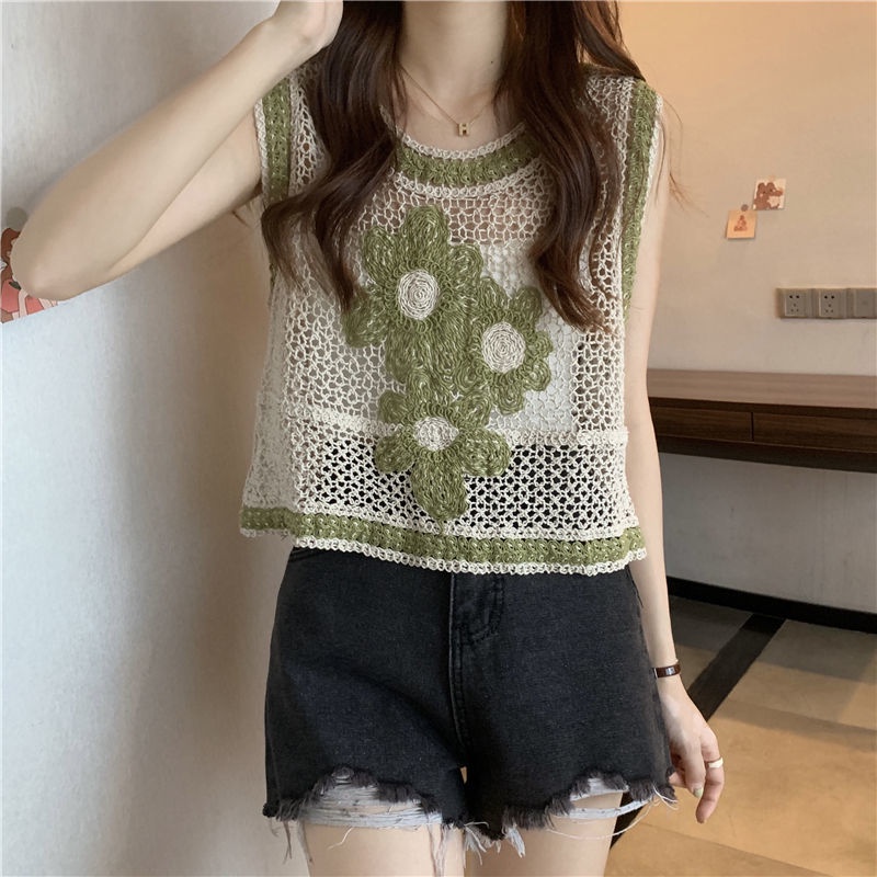 Jiashucheng Áo Không Tay Thêu Hoa Rỗng Hai Lớp Màu Sắc Tương Phản Phong Cách Retro Đường Phố Nhật Bản Mùa Thu Mới Dành Cho