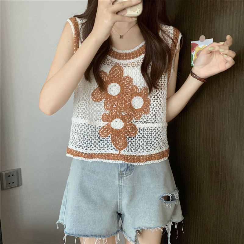 Jiashucheng Áo Không Tay Thêu Hoa Rỗng Hai Lớp Màu Sắc Tương Phản Phong Cách Retro Đường Phố Nhật Bản Mùa Thu Mới Dành Cho