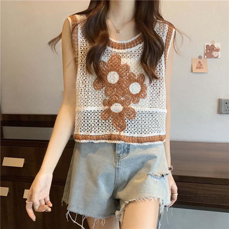 Jiashucheng Áo Không Tay Thêu Hoa Rỗng Hai Lớp Màu Sắc Tương Phản Phong Cách Retro Đường Phố Nhật Bản Mùa Thu Mới Dành Cho