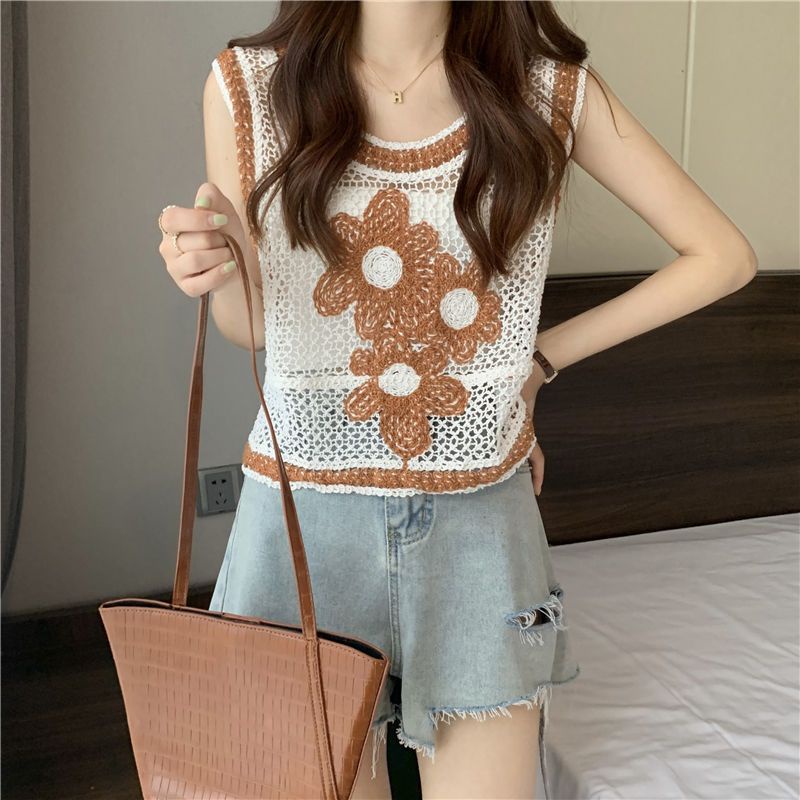 Jiashucheng Áo Không Tay Thêu Hoa Rỗng Hai Lớp Màu Sắc Tương Phản Phong Cách Retro Đường Phố Nhật Bản Mùa Thu Mới Dành Cho