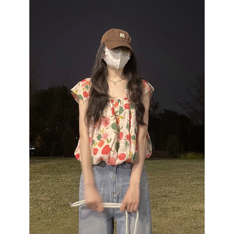 Jiashucheng Áo Hai Dây Cổ Vuông Tay Bay Họa Tiết Hoa Nhỏ Tinh Tế Phong Cách Hàn Quốc Thời Trang Mùa Hè Dành Cho Bạn Nữ