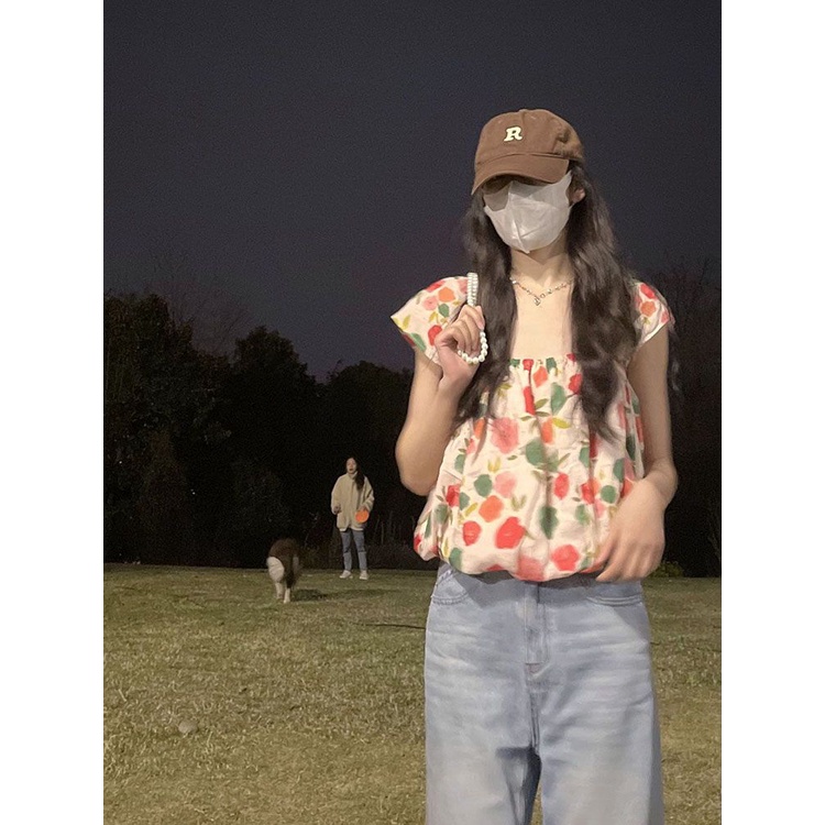 Jiashucheng Áo Hai Dây Cổ Vuông Tay Bay Họa Tiết Hoa Nhỏ Tinh Tế Phong Cách Hàn Quốc Thời Trang Mùa Hè Dành Cho Bạn Nữ