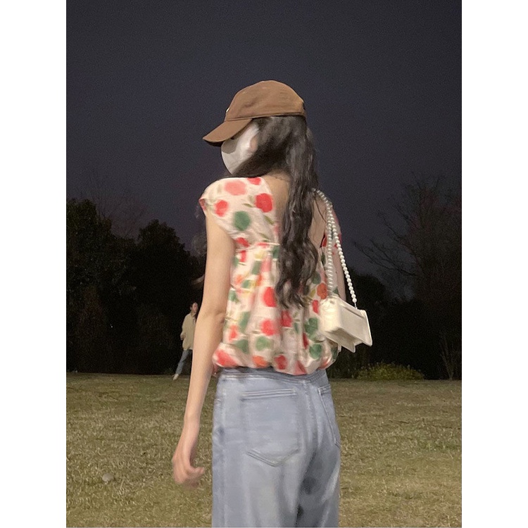 Jiashucheng Áo Hai Dây Cổ Vuông Tay Bay Họa Tiết Hoa Nhỏ Tinh Tế Phong Cách Hàn Quốc Thời Trang Mùa Hè Dành Cho Bạn Nữ