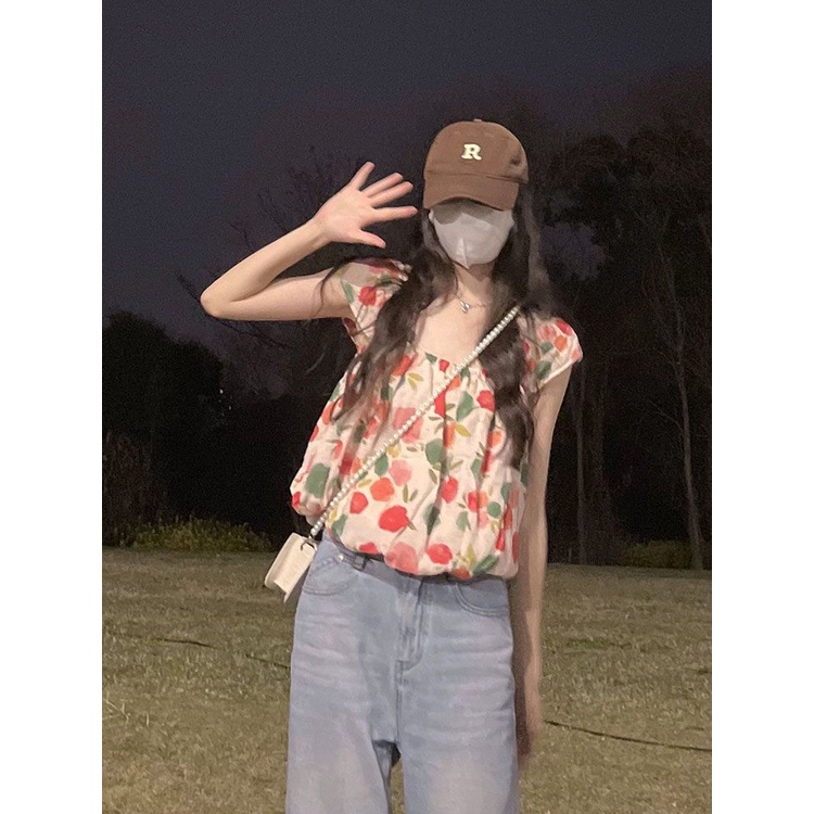 Jiashucheng Áo Hai Dây Cổ Vuông Tay Bay Họa Tiết Hoa Nhỏ Tinh Tế Phong Cách Hàn Quốc Thời Trang Mùa Hè Dành Cho Bạn Nữ