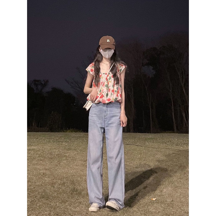 Jiashucheng Áo Hai Dây Cổ Vuông Tay Bay Họa Tiết Hoa Nhỏ Tinh Tế Phong Cách Hàn Quốc Thời Trang Mùa Hè Dành Cho Bạn Nữ