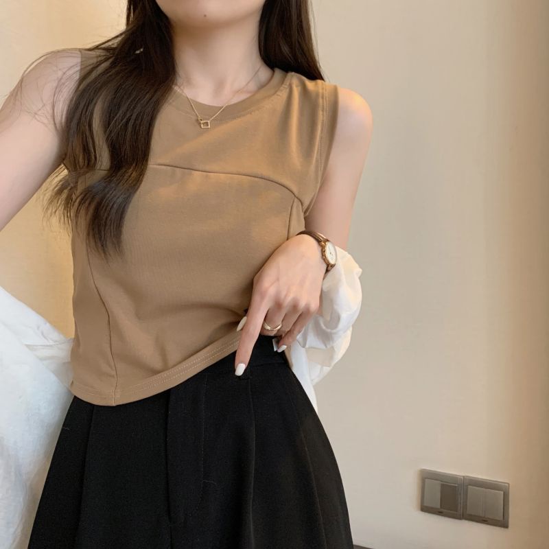 Jiashucheng Áo Thun Không Tay Màu Trắng Dáng Ôm Phong Cách Phương Tây Thời Trang Xuân Hè Cho Nữ