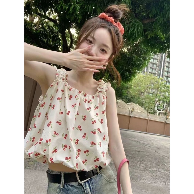 Jiashucheng Áo Sơ Mi Không Tay In Họa Tiết Tươi Mới Phong Cách Hàn Quốc Cho Nữ