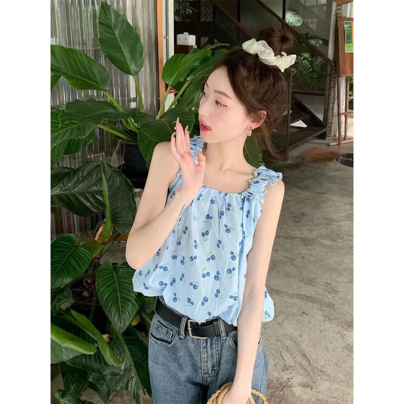 Jiashucheng Áo Sơ Mi Không Tay In Họa Tiết Tươi Mới Phong Cách Hàn Quốc Cho Nữ