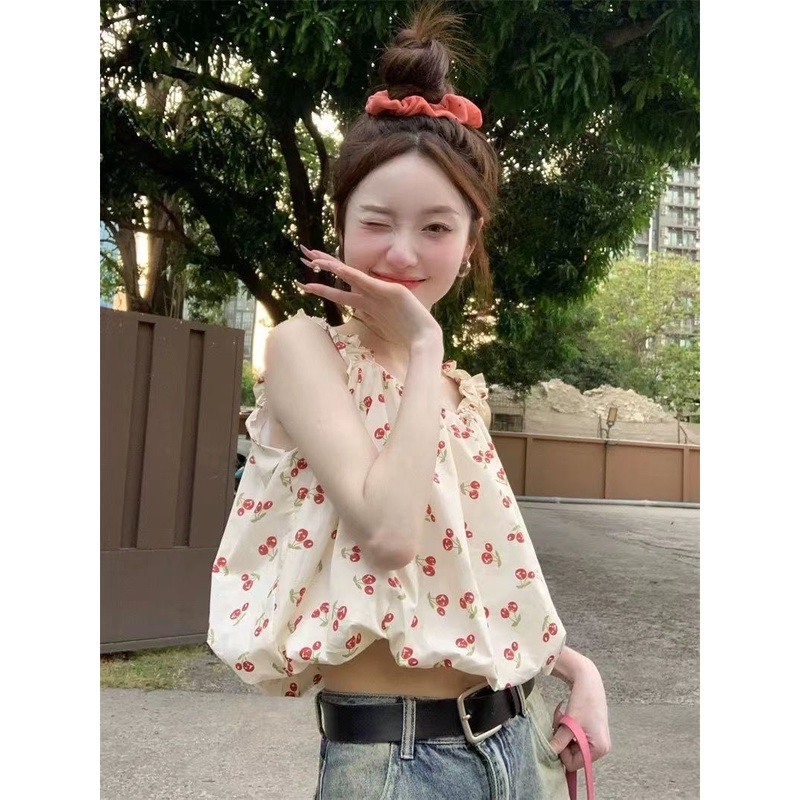 Jiashucheng Áo Sơ Mi Không Tay In Họa Tiết Tươi Mới Phong Cách Hàn Quốc Cho Nữ