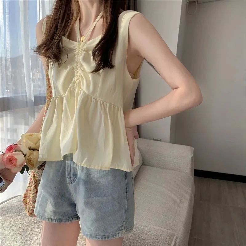 Jiashucheng Áo Hai Dây Phối Bèo Xếp Ly Phong Cách Hàn Quốc Phương Tây Thời Trang Mùa Hè